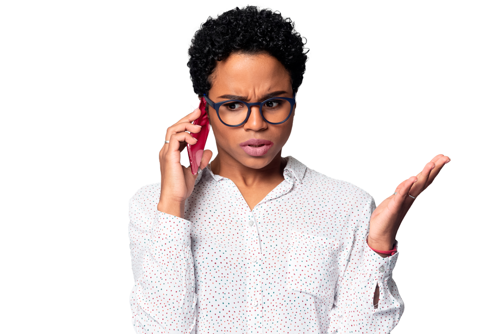 Woman with pink lipstick on the phone holding hand up