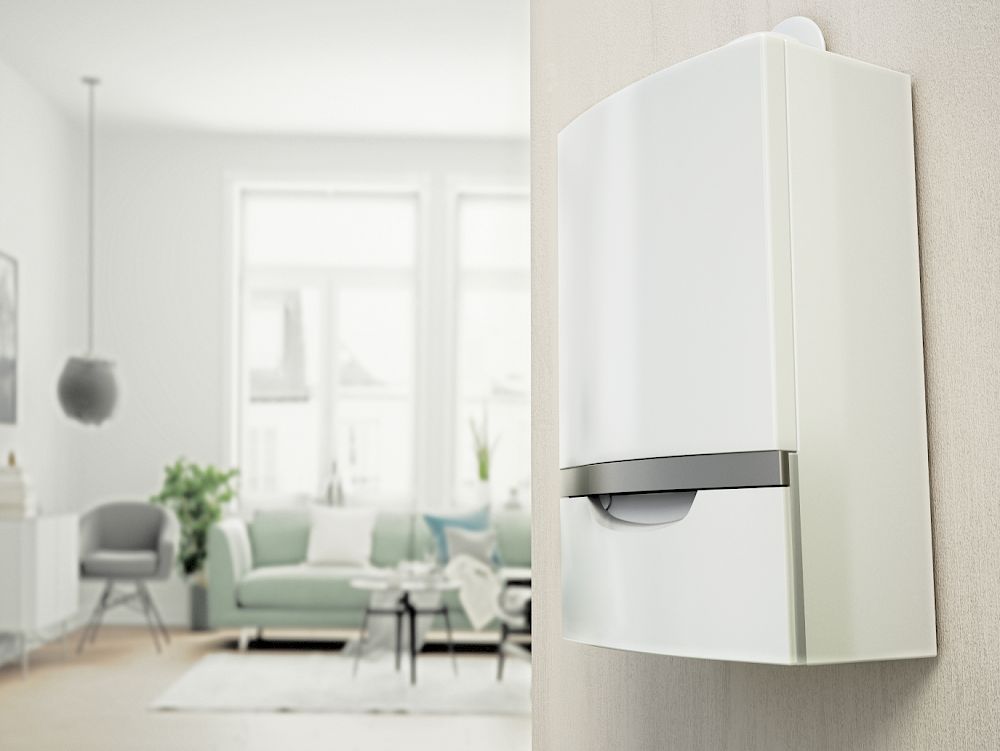 Boiler in foreground, lounge in background